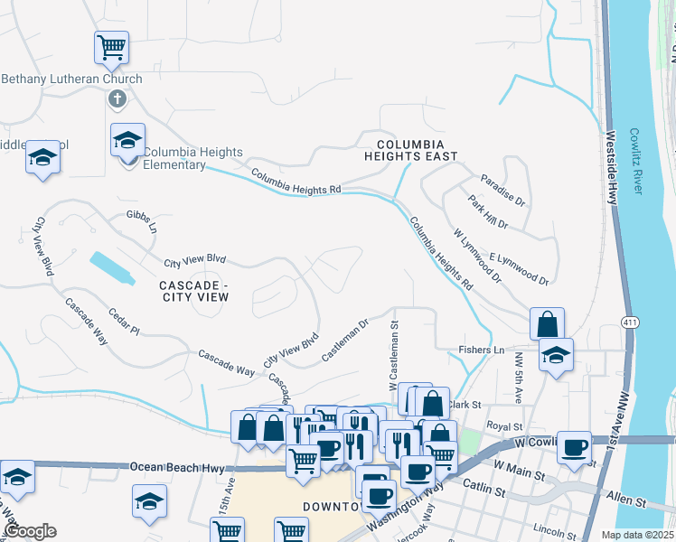 map of restaurants, bars, coffee shops, grocery stores, and more near Longview Heights Place in Longview