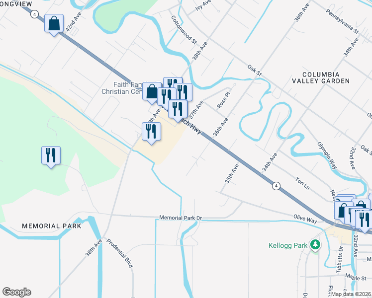 map of restaurants, bars, coffee shops, grocery stores, and more near 3615 Ocean Beach Highway in Longview