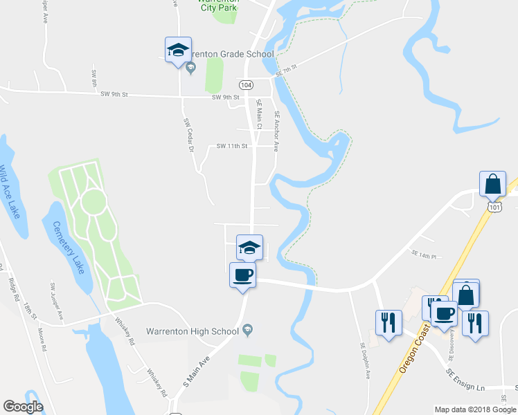 map of restaurants, bars, coffee shops, grocery stores, and more near 98 Southeast 14th Street in Warrenton