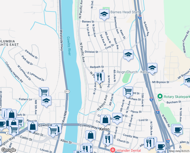 map of restaurants, bars, coffee shops, grocery stores, and more near 1120 North 1st Avenue in Kelso