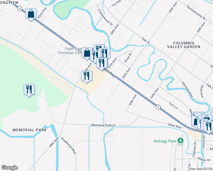 map of restaurants, bars, coffee shops, grocery stores, and more near 3615 Ocean Beach Highway in Longview