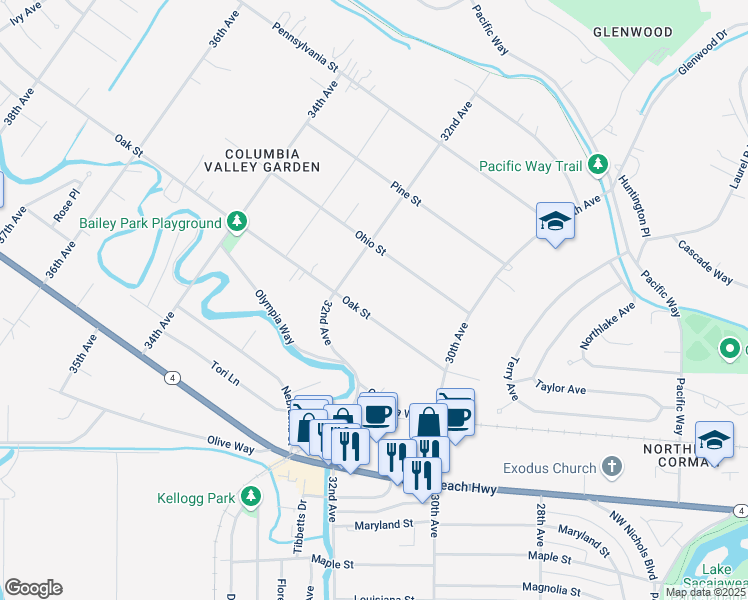 map of restaurants, bars, coffee shops, grocery stores, and more near 3170 Oak Street in Longview