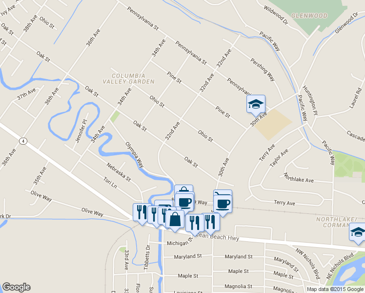 map of restaurants, bars, coffee shops, grocery stores, and more near 3170 Oak Street in Longview