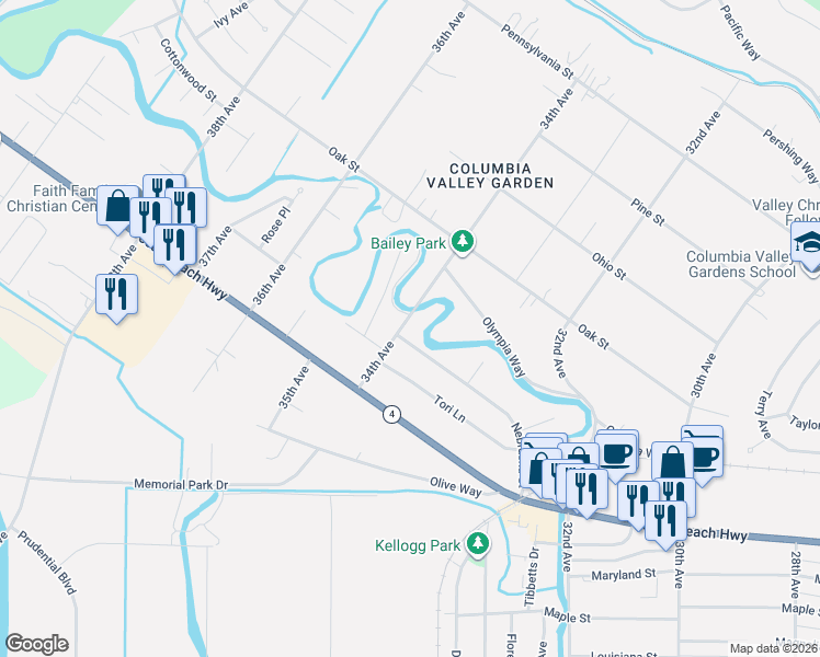 map of restaurants, bars, coffee shops, grocery stores, and more near 2275 34th Avenue in Longview