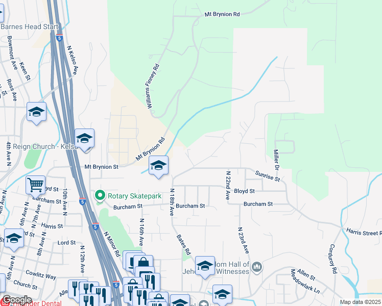 map of restaurants, bars, coffee shops, grocery stores, and more near 106 Carolyn Drive in Kelso