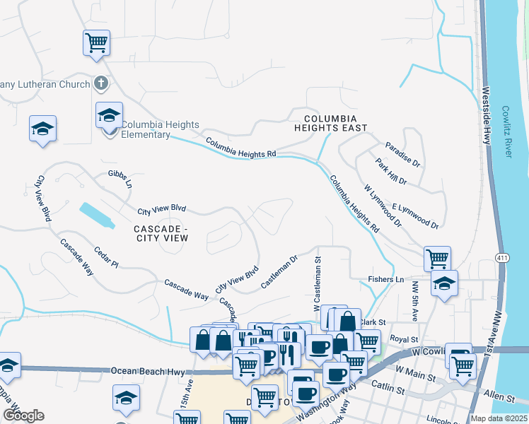 map of restaurants, bars, coffee shops, grocery stores, and more near Longview Heights Place in Longview