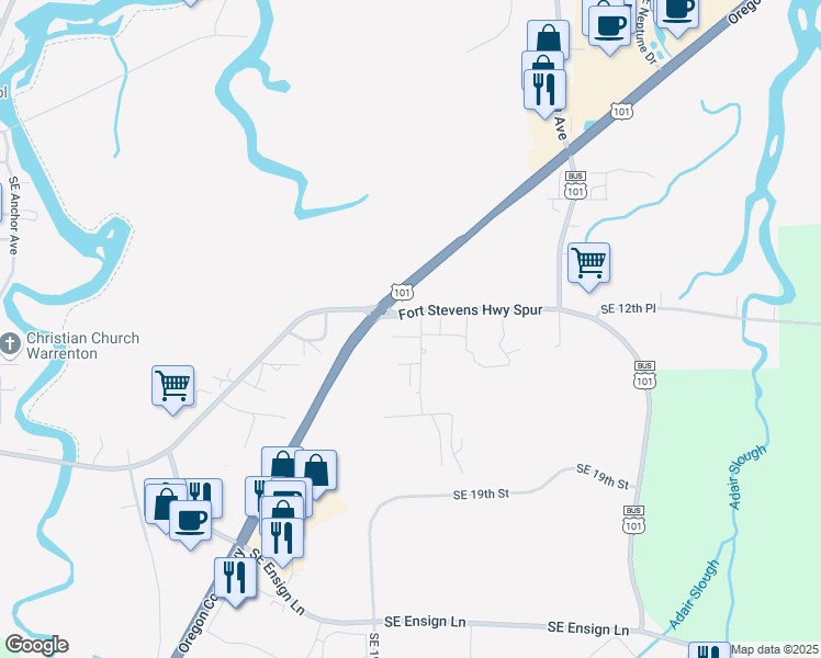 map of restaurants, bars, coffee shops, grocery stores, and more near 1200-1298 SE Jetty Ave in Warrenton