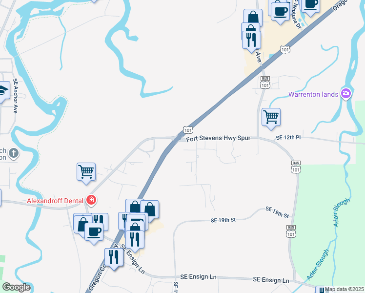 map of restaurants, bars, coffee shops, grocery stores, and more near 940 Hwy 101 in Warrenton