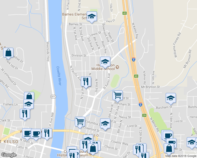 map of restaurants, bars, coffee shops, grocery stores, and more near 1116 3rd Avenue North in Kelso