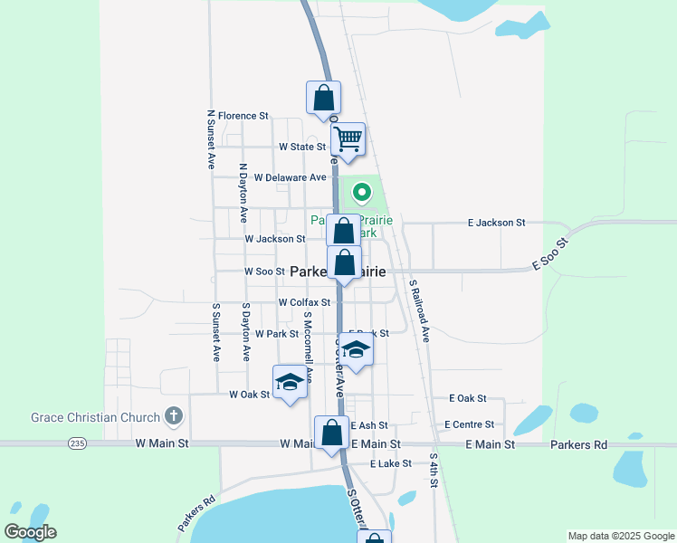 map of restaurants, bars, coffee shops, grocery stores, and more near in Parkers Prairie