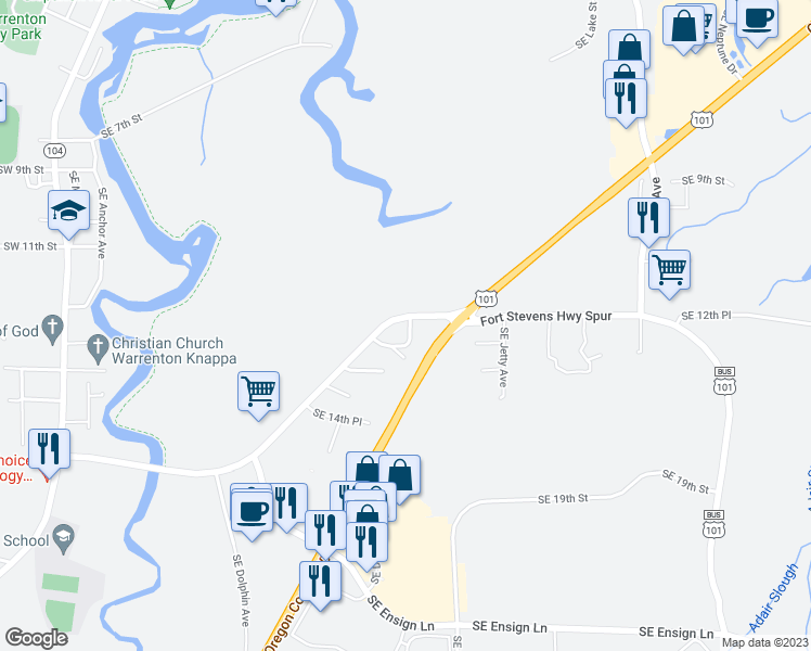 map of restaurants, bars, coffee shops, grocery stores, and more near 790 Alternate Highway 101 in Warrenton