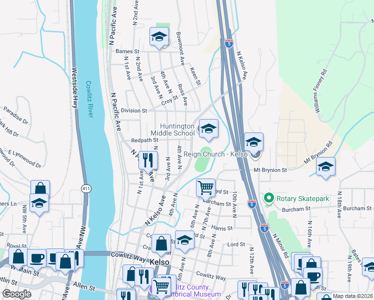 map of restaurants, bars, coffee shops, grocery stores, and more near in Kelso