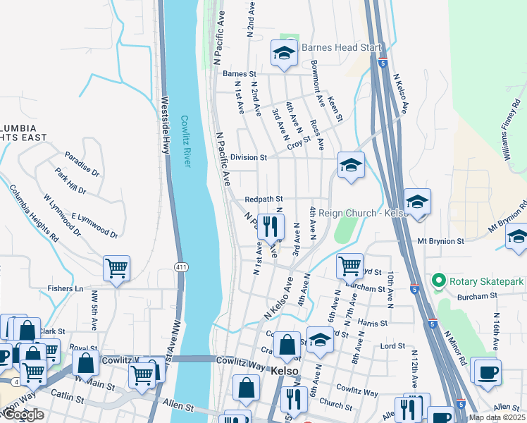 map of restaurants, bars, coffee shops, grocery stores, and more near 1120 North 1st Avenue in Kelso