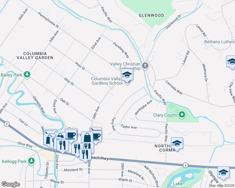 map of restaurants, bars, coffee shops, grocery stores, and more near 2554 30th Avenue in Longview