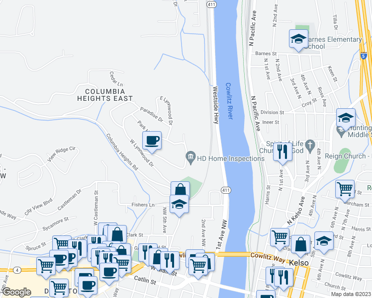 map of restaurants, bars, coffee shops, grocery stores, and more near 2422 East Linwood Drive in Longview