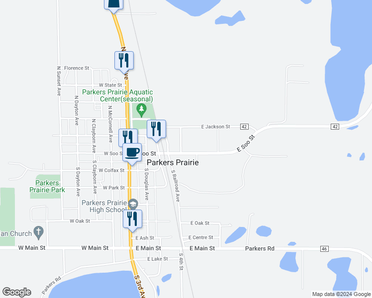 map of restaurants, bars, coffee shops, grocery stores, and more near 109 North 4th Avenue in Parkers Prairie