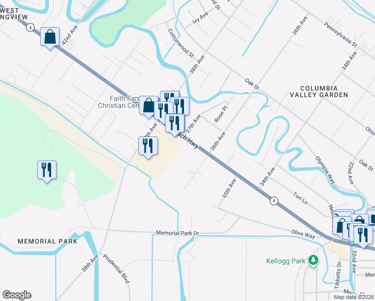 map of restaurants, bars, coffee shops, grocery stores, and more near 3615 Ocean Beach Highway in Longview