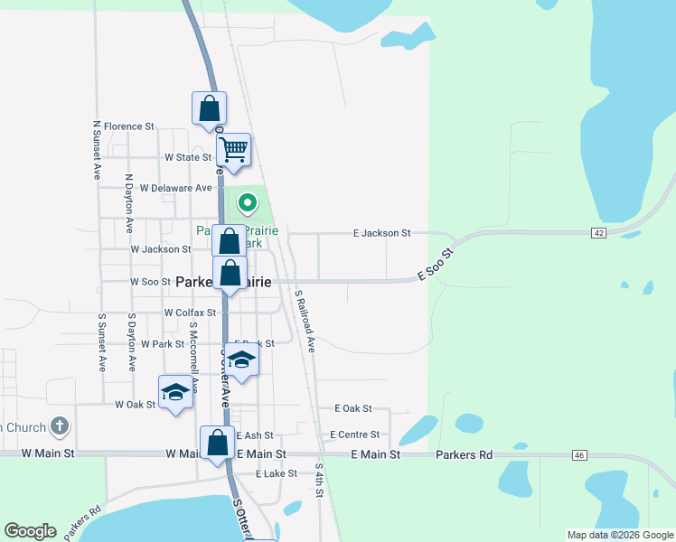 map of restaurants, bars, coffee shops, grocery stores, and more near 109 North 4th Avenue in Parkers Prairie