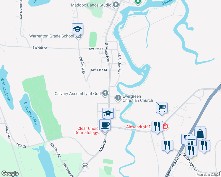 map of restaurants, bars, coffee shops, grocery stores, and more near 1322 South Main Avenue in Warrenton