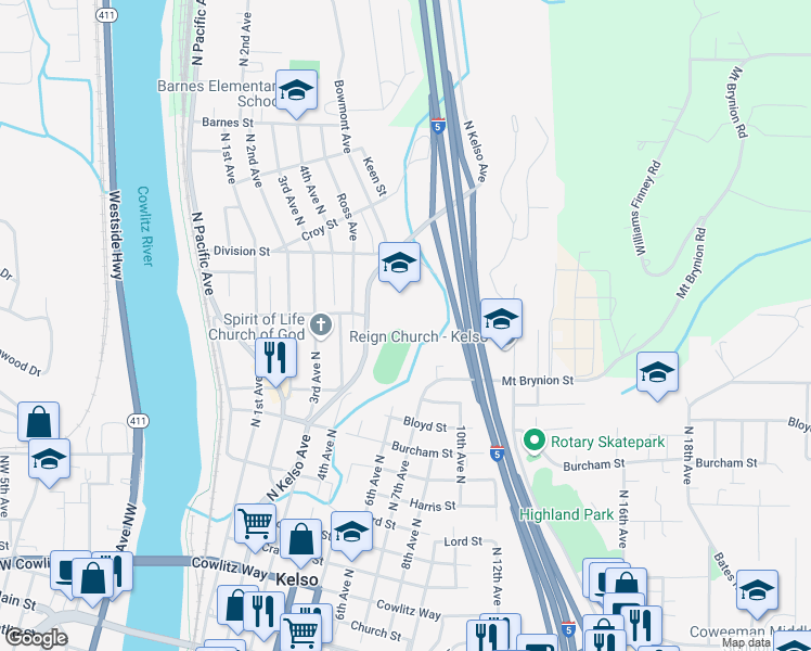 map of restaurants, bars, coffee shops, grocery stores, and more near 500 Redpath Street in Kelso