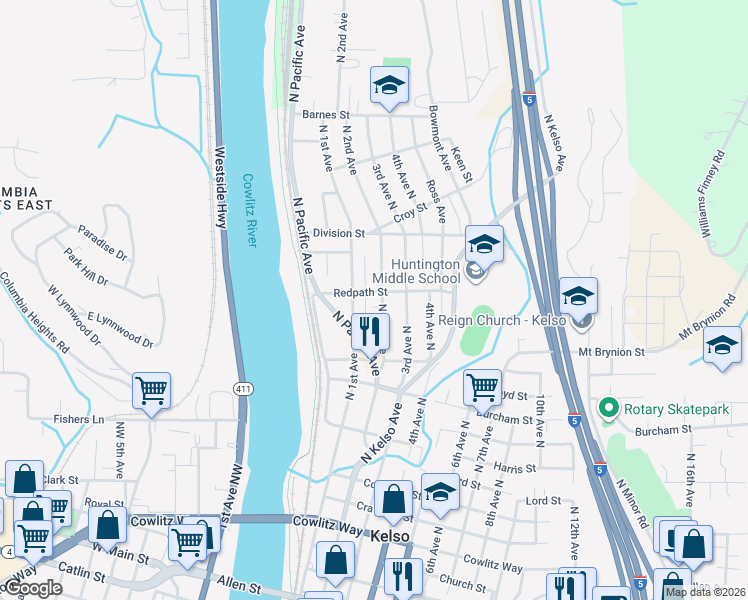 map of restaurants, bars, coffee shops, grocery stores, and more near 1124 North 2nd Avenue in Kelso