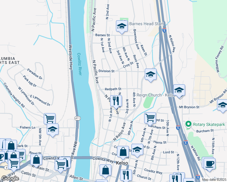 map of restaurants, bars, coffee shops, grocery stores, and more near 104 Redpath Street in Kelso