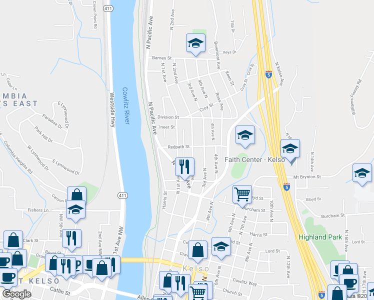 map of restaurants, bars, coffee shops, grocery stores, and more near 108 Redpath Street in Kelso