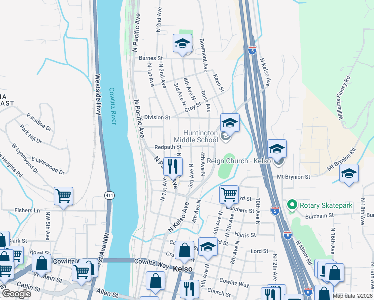 map of restaurants, bars, coffee shops, grocery stores, and more near 1129 3rd Avenue North in Kelso