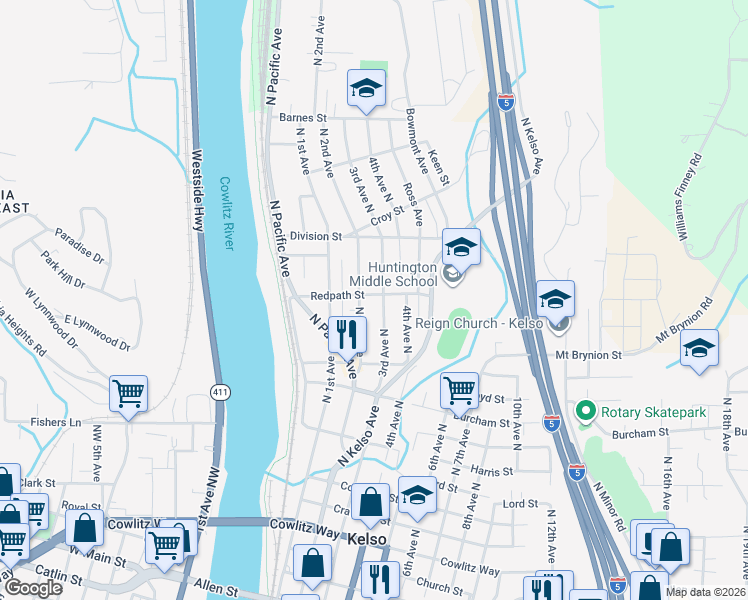 map of restaurants, bars, coffee shops, grocery stores, and more near 1124 North 2nd Avenue in Kelso