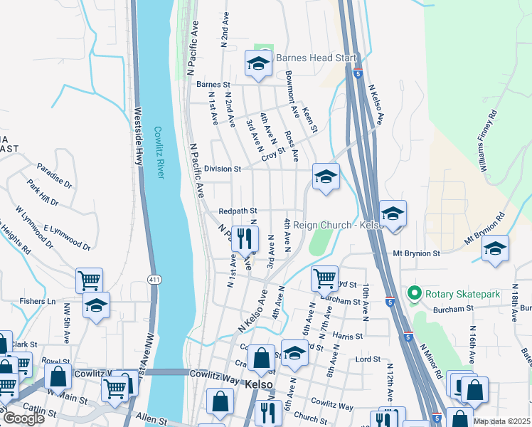 map of restaurants, bars, coffee shops, grocery stores, and more near 1124 North 2nd Avenue in Kelso