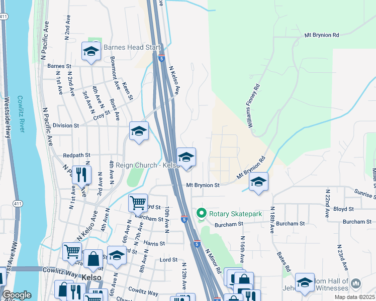 map of restaurants, bars, coffee shops, grocery stores, and more near 1308 North Minor Road in Kelso