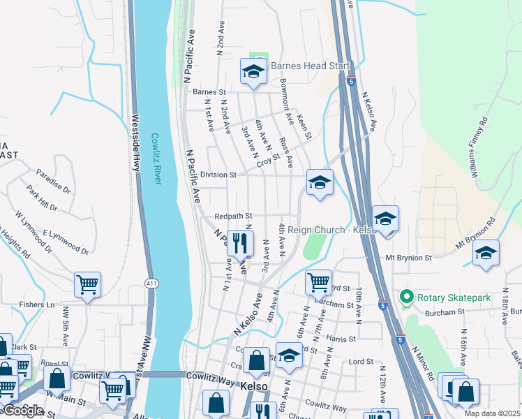 map of restaurants, bars, coffee shops, grocery stores, and more near 1212 North 2nd Avenue in Kelso