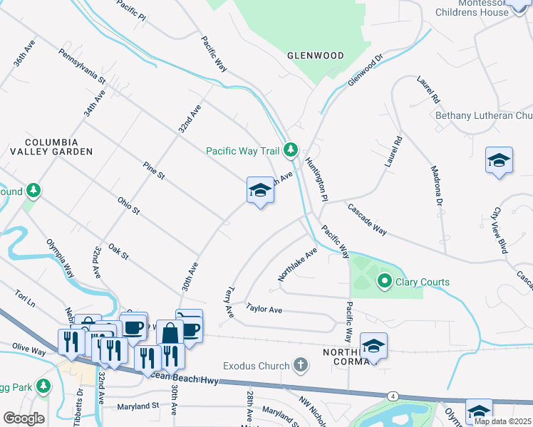 map of restaurants, bars, coffee shops, grocery stores, and more near 2644 30th Avenue in Longview