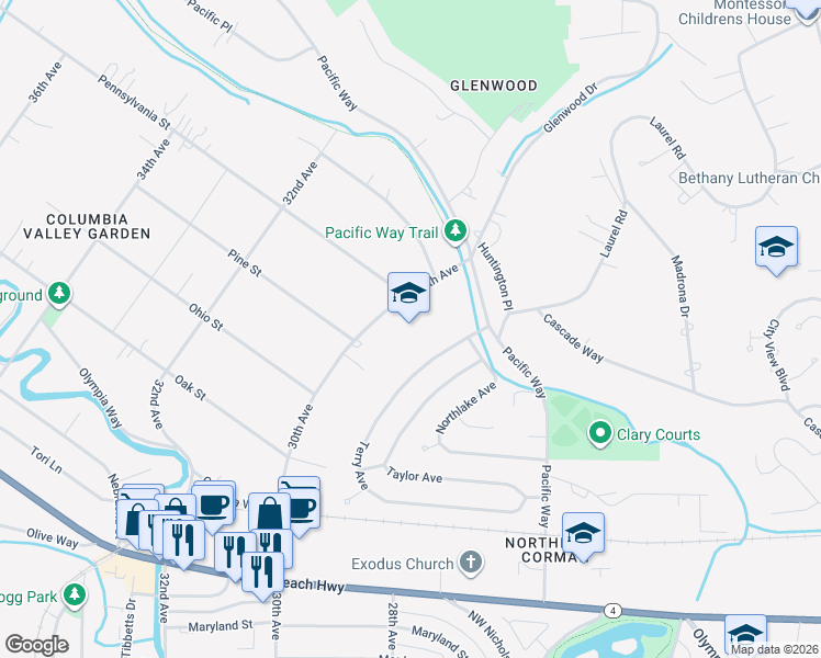map of restaurants, bars, coffee shops, grocery stores, and more near 2644 30th Avenue in Longview