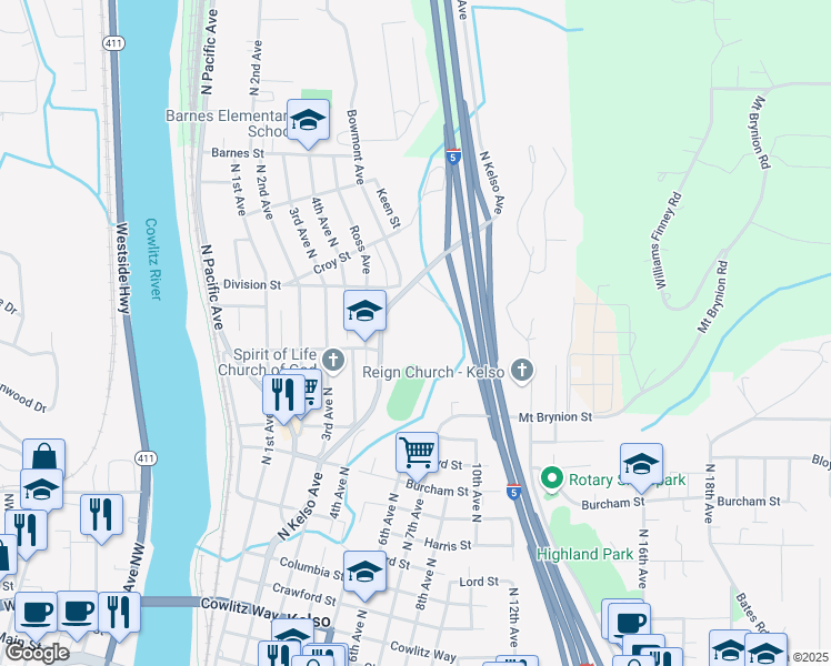 map of restaurants, bars, coffee shops, grocery stores, and more near 500 Redpath Street in Kelso