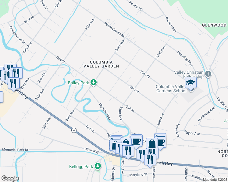 map of restaurants, bars, coffee shops, grocery stores, and more near 3314 Oak Street in Longview