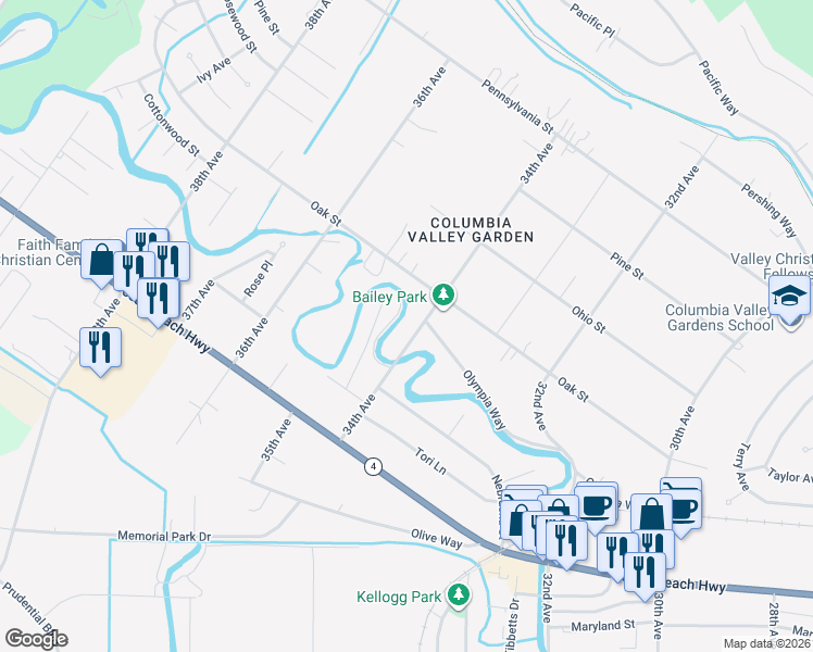 map of restaurants, bars, coffee shops, grocery stores, and more near 2345 34th Avenue in Longview