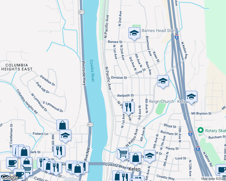 map of restaurants, bars, coffee shops, grocery stores, and more near 1214 North Pacific Avenue in Kelso
