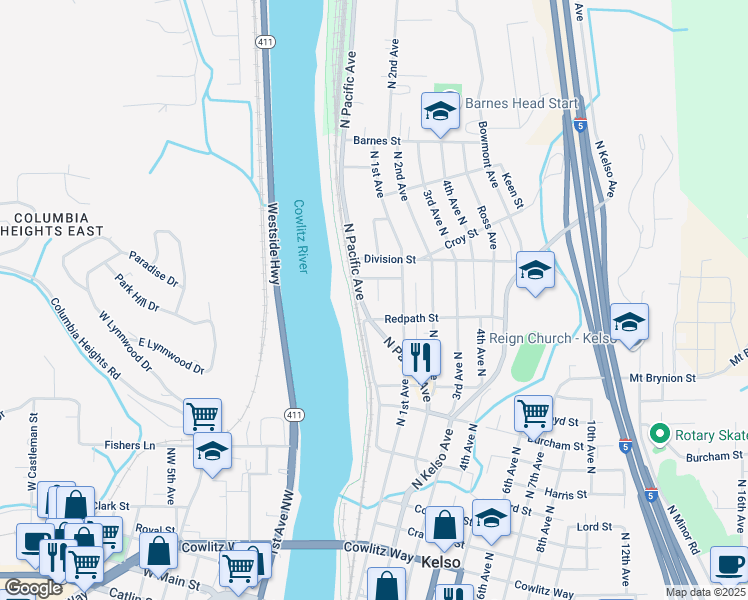 map of restaurants, bars, coffee shops, grocery stores, and more near 1299 Maxwell Lane in Kelso