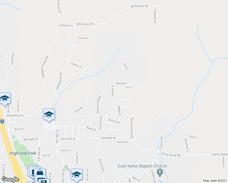 map of restaurants, bars, coffee shops, grocery stores, and more near 1410 Graham Drive in Kelso