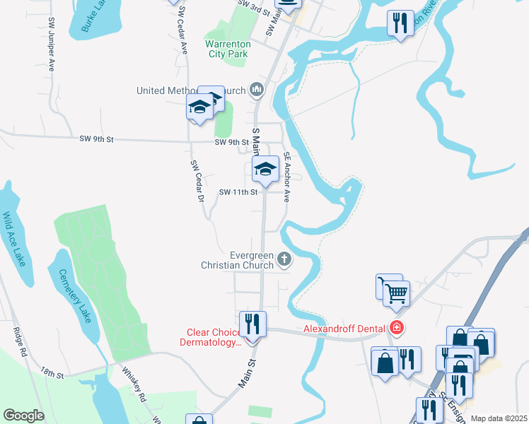 map of restaurants, bars, coffee shops, grocery stores, and more near 1185 Fort Stevens Highway in Warrenton