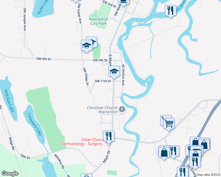 map of restaurants, bars, coffee shops, grocery stores, and more near 1185 South Main Avenue in Warrenton