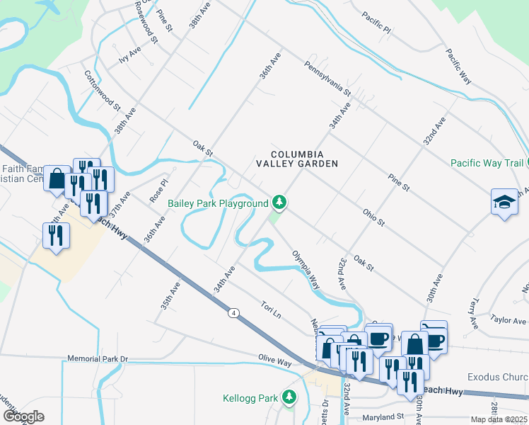 map of restaurants, bars, coffee shops, grocery stores, and more near 2345 34th Avenue in Longview