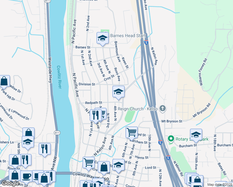 map of restaurants, bars, coffee shops, grocery stores, and more near 1211 Ross Avenue in Kelso