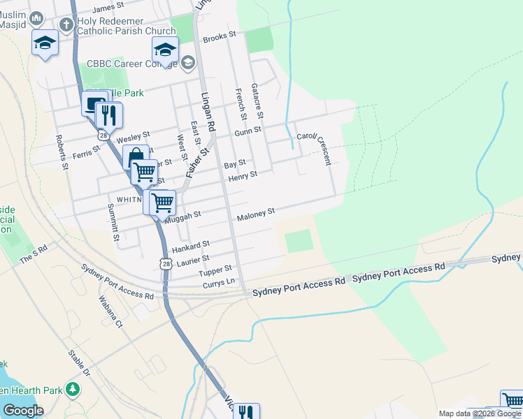 map of restaurants, bars, coffee shops, grocery stores, and more near 123 Maloney Street in Sydney