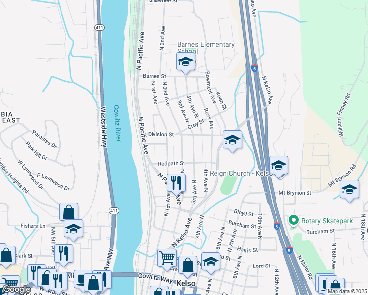 map of restaurants, bars, coffee shops, grocery stores, and more near 1212 North 2nd Avenue in Kelso