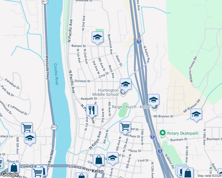 map of restaurants, bars, coffee shops, grocery stores, and more near 1211 Ross Avenue in Kelso