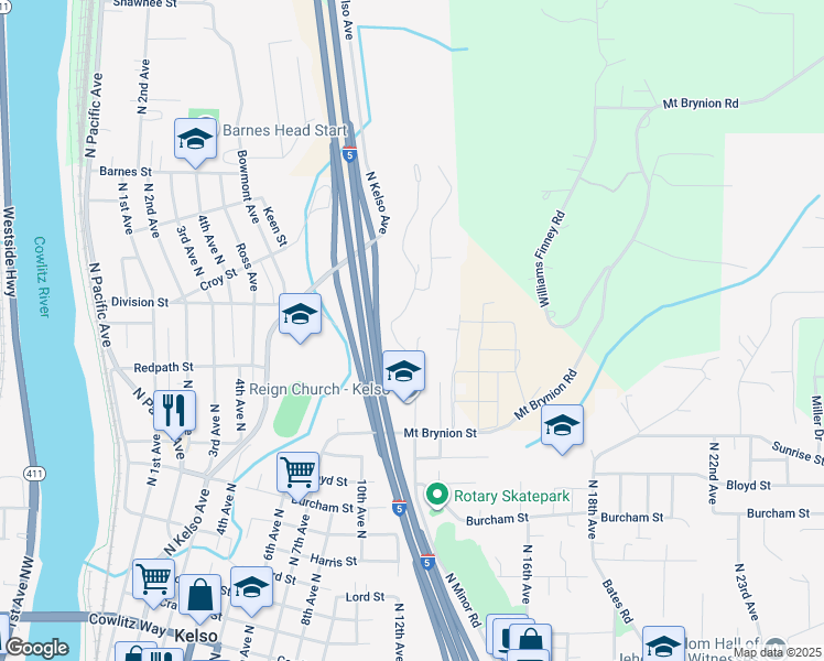 map of restaurants, bars, coffee shops, grocery stores, and more near 1308 North Minor Road in Kelso