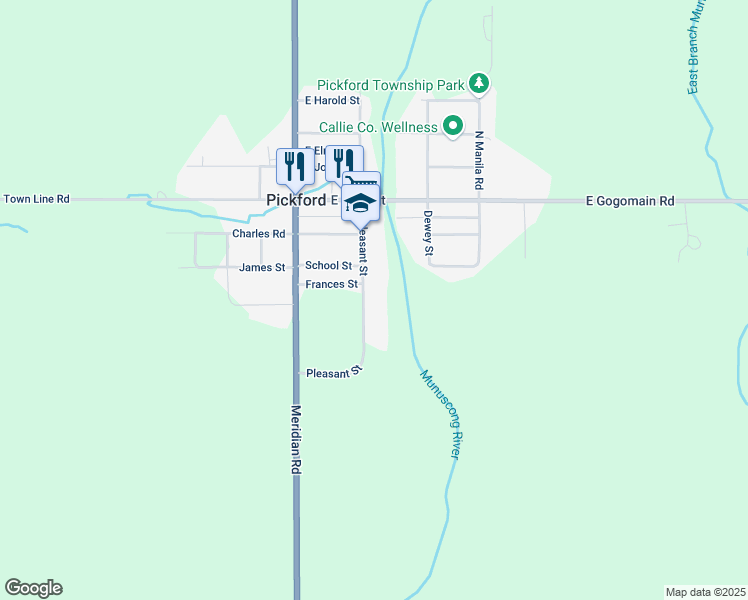 map of restaurants, bars, coffee shops, grocery stores, and more near 333 South Pleasant Street in Pickford