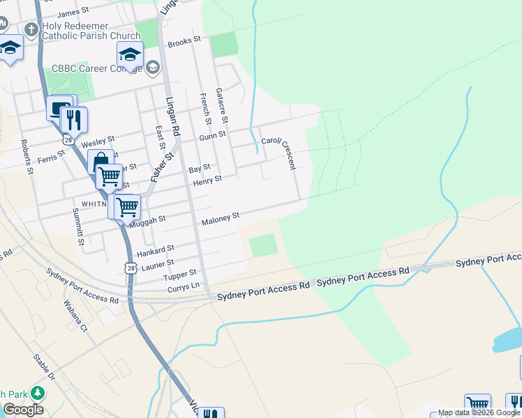 map of restaurants, bars, coffee shops, grocery stores, and more near Maloney Street in Sydney